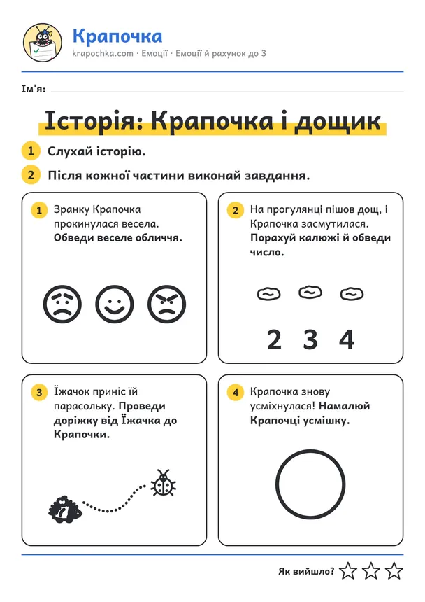 Аркуш «Історія: Крапочка і дощик» для дітей 3–4 років