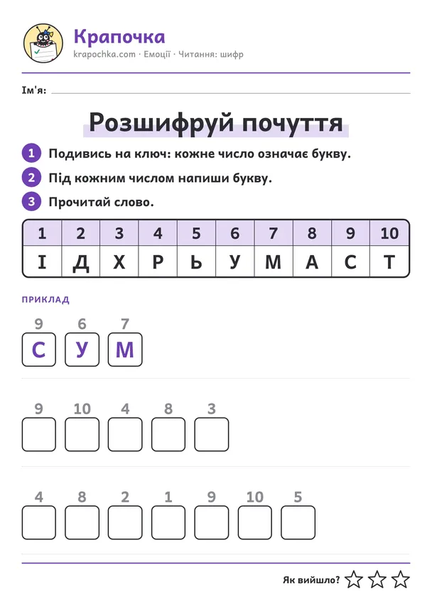 Аркуш «Розшифруй почуття» для дітей 6–7 років