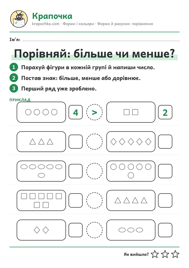 Аркуш «Порівняй: більше чи менше?» для дітей 5–6 років