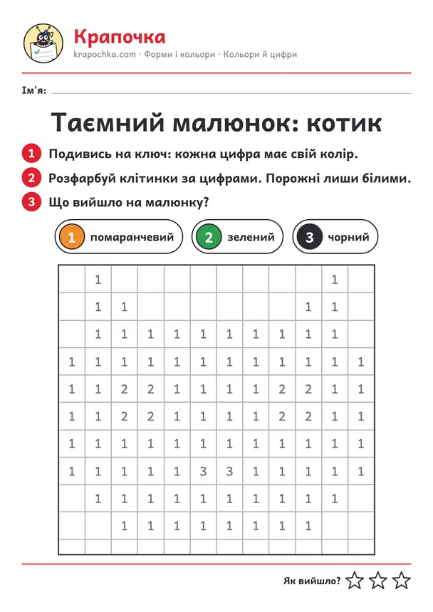 Аркуш «Таємний малюнок: котик» для дітей 4–5 років