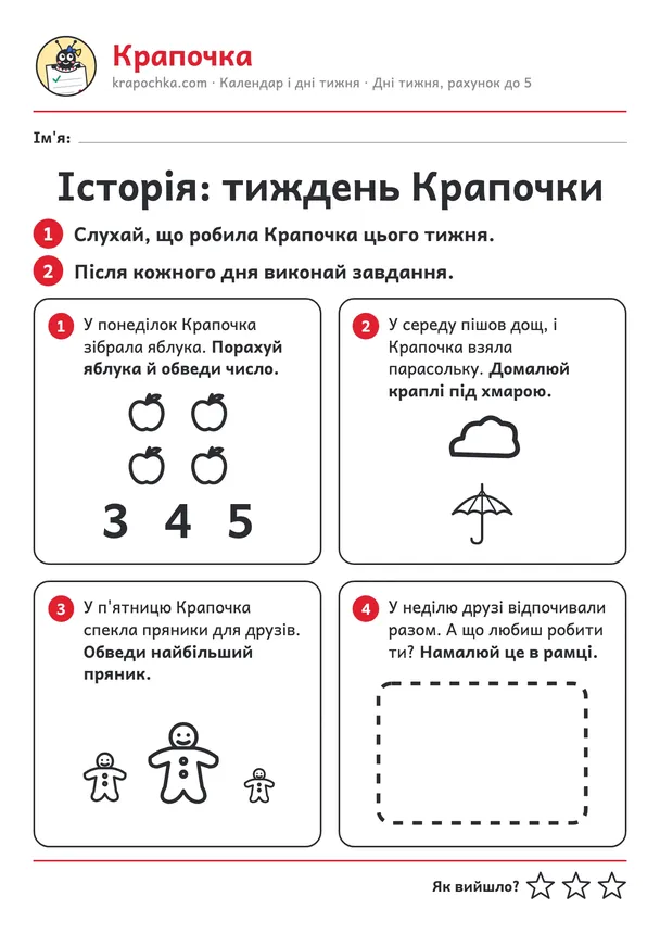 Аркуш «Історія: тиждень Крапочки» для дітей 4–5 років
