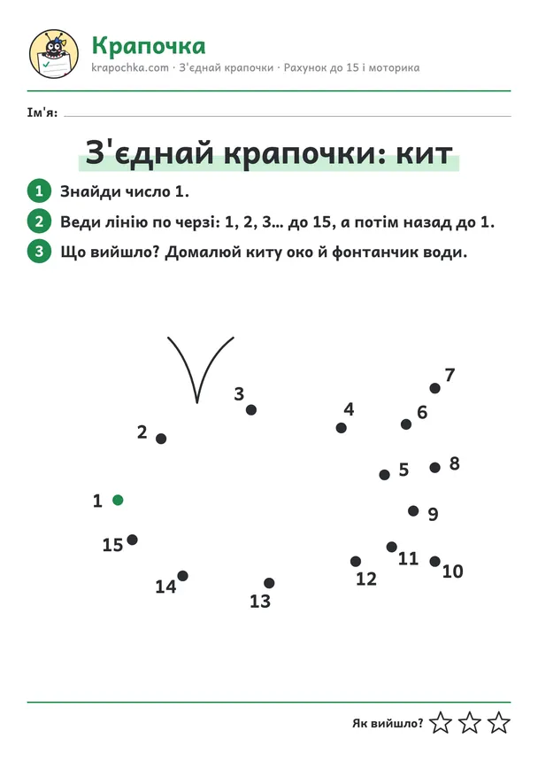 Аркуш «З'єднай крапочки: кит» для дітей 5–6 років
