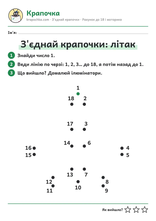 Аркуш «З'єднай крапочки: літак» для дітей 5–6 років
