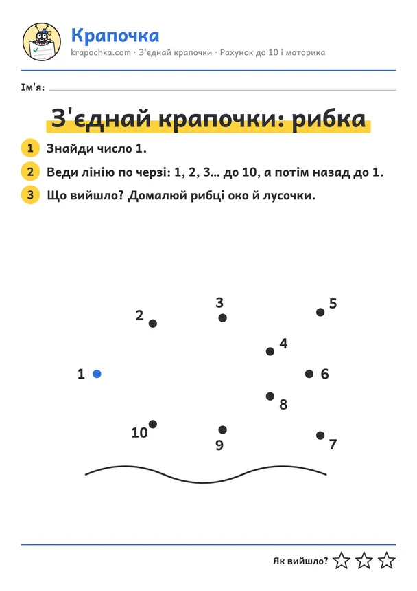 Аркуш «З'єднай крапочки: рибка» для дітей 3–4 років