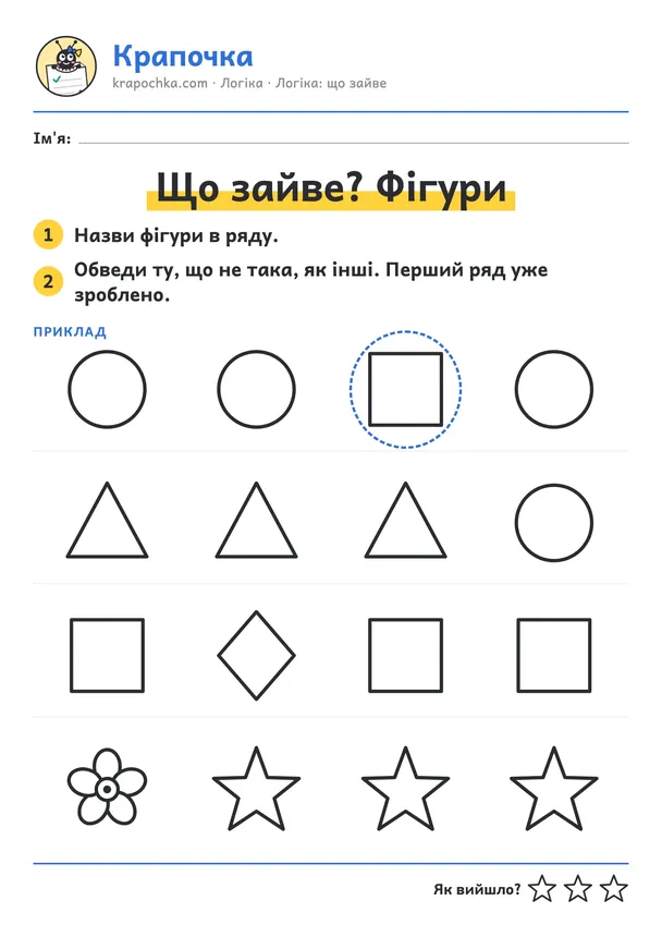 Аркуш «Що зайве? Фігури» для дітей 3–4 років