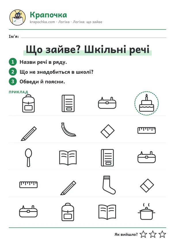 Аркуш «Що зайве? Шкільні речі» для дітей 5–6 років
