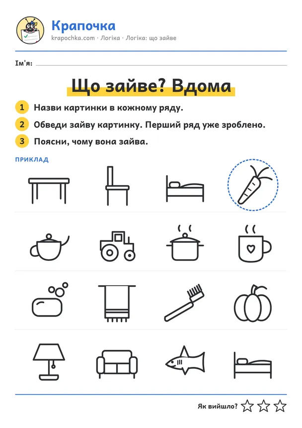 Аркуш «Що зайве? Вдома» для дітей 3–4 років