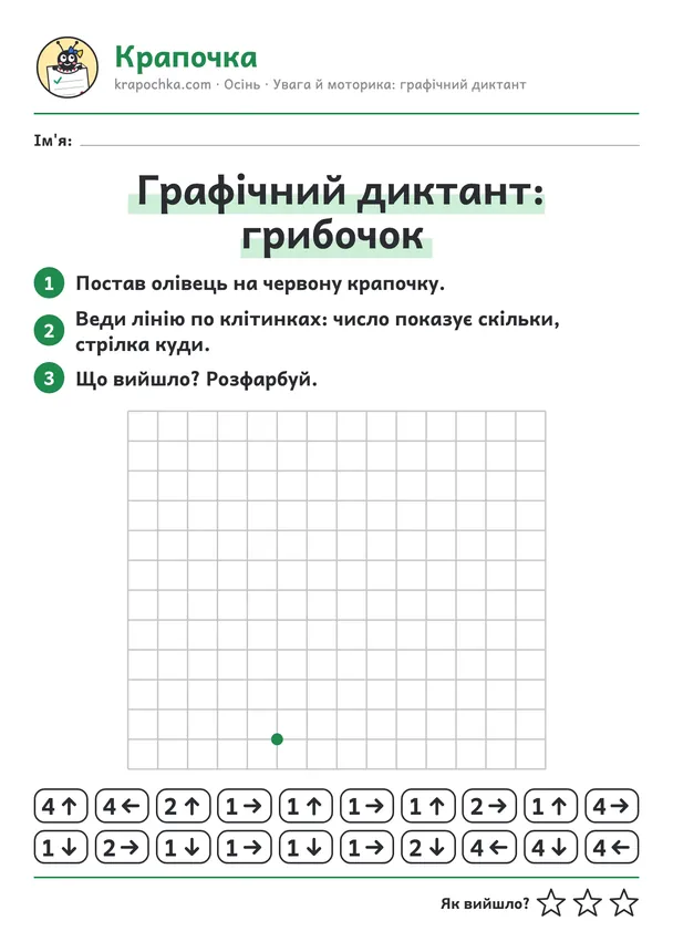 Аркуш «Графічний диктант: грибочок» для дітей 5–6 років