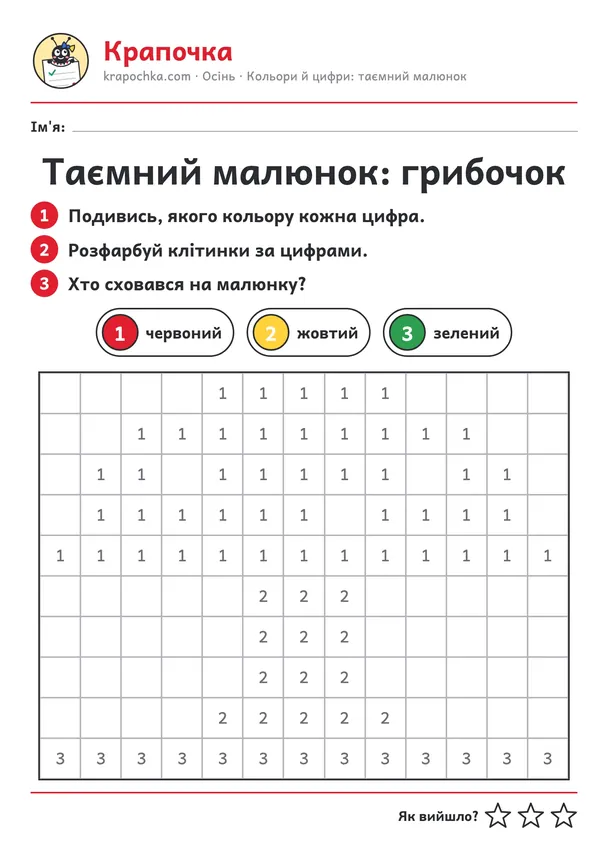 Аркуш «Таємний малюнок: грибочок» для дітей 4–5 років