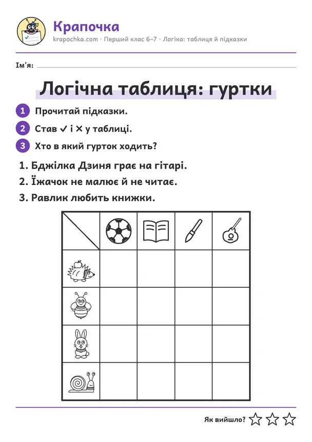 Аркуш «Логічна таблиця: гуртки» для дітей 6–7 років