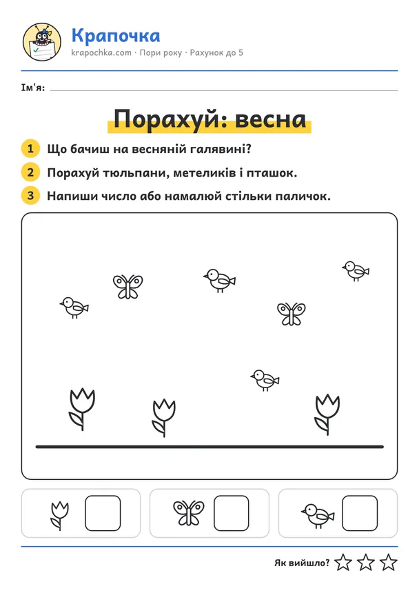 Аркуш «Порахуй: весна» для дітей 3–4 років