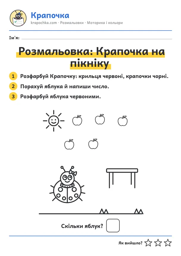 Аркуш «Розмальовка: Крапочка на пікніку» для дітей 3–4 років