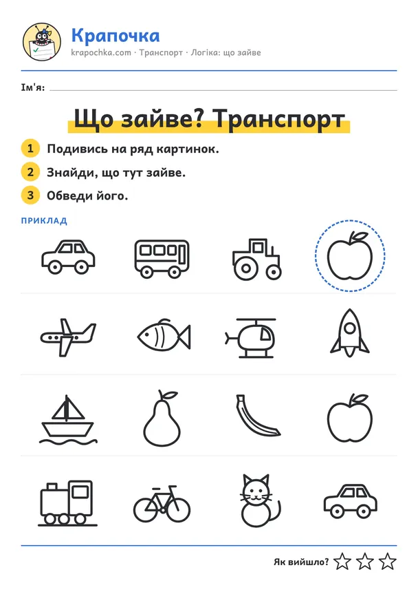 Аркуш «Що зайве? Транспорт» для дітей 3–4 років